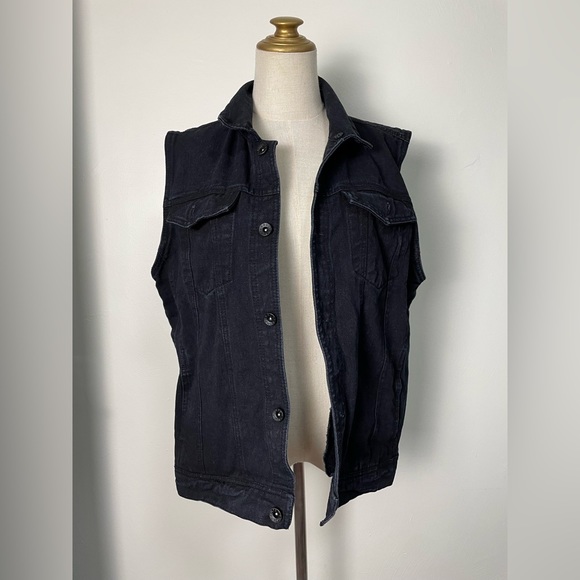vintage y2k cotton black denim vest jacket pockets mens large metal button rude - Picture 12 of 12